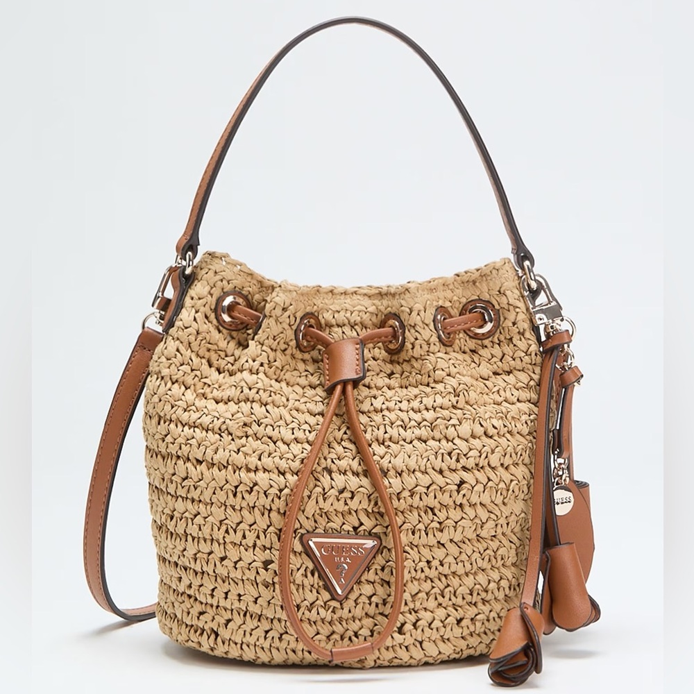 Guess Ofelia Woven Straw Raffia Bucket Bag with Crossbody Strap